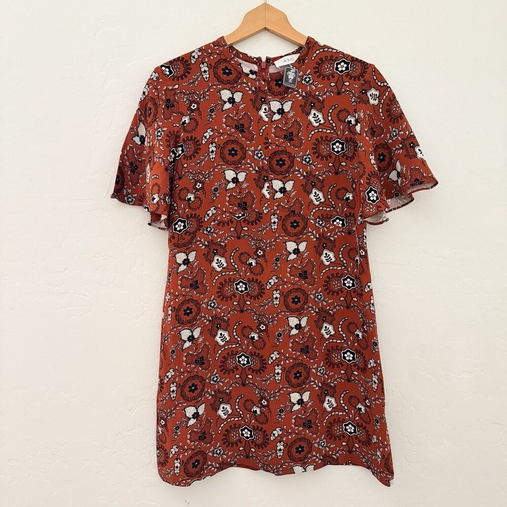 A.L.C. Dress Womens 8 100% Silk Rust Floral Paisley Flutter Sleeve Mini Boho